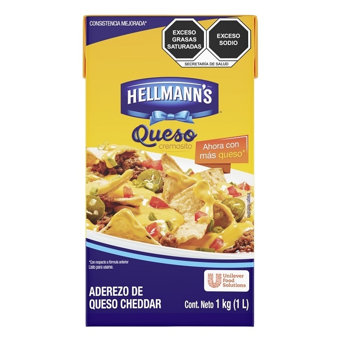 Hellmann's® Aderezo de Queso Cheddar 1 L - Hellmann’s® Aderezo de queso cheddar es una salsa de queso lista para usarse como acompañamiento de un gran número de preparaciones frías o calientes, como snacks y platillos como pastas, salsas y aderezos.